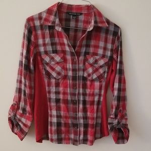 Red plaid button down top